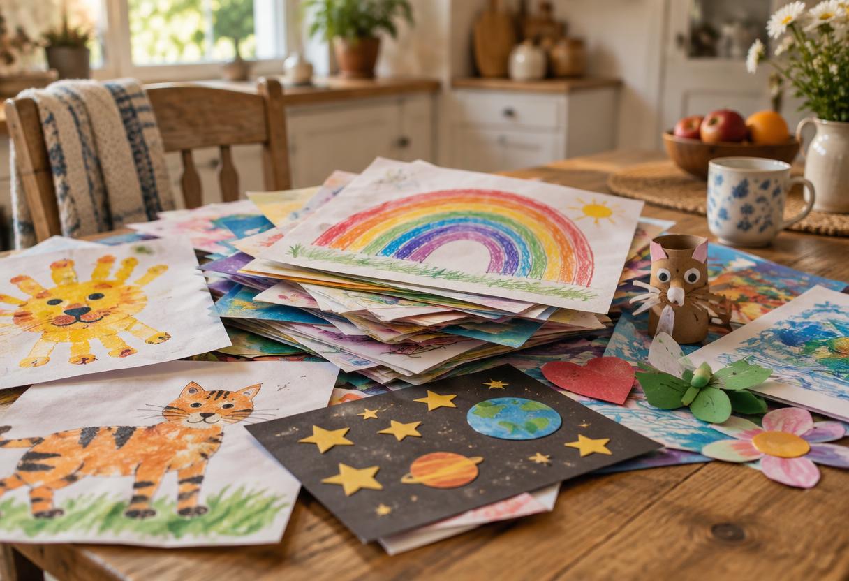 A pile of children's drawings and paintings stacked on a kitchen table