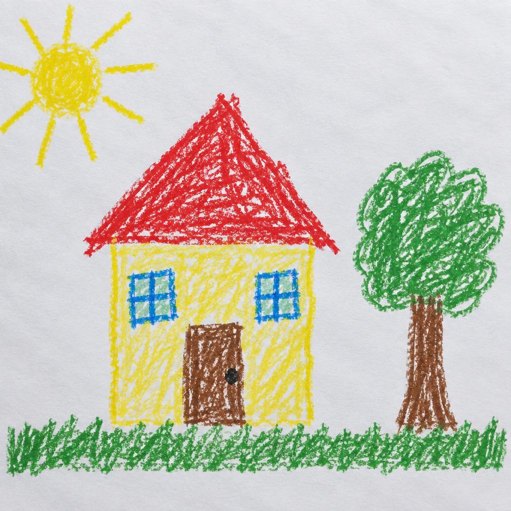Child's crayon drawing of a house and tree